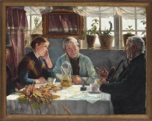 KOEFOED Hans Christian 1849-1921,Interior with a woman and two older men drink,1889,Bruun Rasmussen 2022-03-21