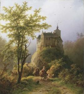 KOEKKOEK Barend Cornelis,Berg en boomrijk landschap met een kasteel,1851,Christie's 2002-04-24