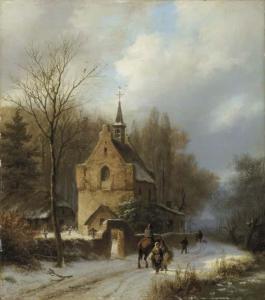 KOEKKOEK Barend Cornelis,Een boomrijk landschap met een kapel bij winter,1851,Christie's 2002-04-24