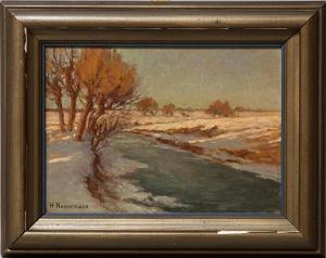 KOENEMANN Hermann 1871-1934,timmungsvolle Winterlandschaft an einem Flusslau,1925,Reiner Dannenberg 2018-09-07