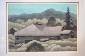 KOICHI Sakamoto 1932,thatched dwelling in a mountainous landscape,Andrew Smith and Son GB 2018-04-09