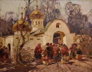 KOLESNIKOV Sergej Michaijlovic,Femmes russes à la porte de l'église,Gautier-Goxe-Belaisch, Enghien Hotel des ventes 2017-02-05