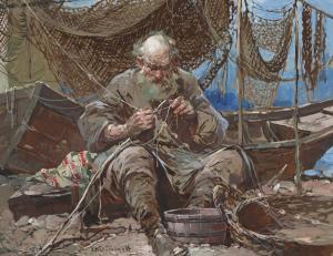 KOLESNIKOV Stepan Feodorovich 1879-1955,Fisherman Mending Nets,1930,Shapiro Auctions US 2023-10-21