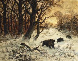 KOLLENBACH Y.F,Wild boar foraging in the snow at dusk,Christie's GB 2014-01-29