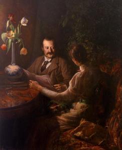 KOLLING Ingeborg 1835-1932,Plauderndes Paar in Interieur zur Abendzeit,1895,Zeller DE 2012-09-13