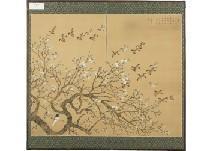 KOMURO Suiun 1874-1945,Sparrows and plum blossoms (2-panel byobu screen),Mainichi Auction 2021-02-11