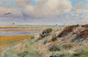 KONSTANTIN HANSEN Elise,A view of a coast with seagulls in the dunes,Bruun Rasmussen 2021-12-06