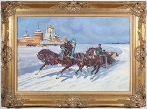 KONSTANTIN KONSTANTINOVICH CHEBOTAREV 1882-1974,horse-drawn troika with cathedral in the,O'Gallerie 2024-02-27