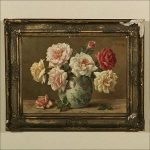 KOPS Frans 1873-1951,Floral still life with roses in porcelain jar,John Moran Auctioneers 2006-05-02