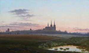 KORNERUP Jacob 1825-1913,Landscape with Roskilde Cathedral,1880,Bruun Rasmussen DK 2021-08-30