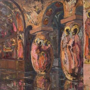KOSMIADI Georg 1886-1967,Kircheninterieur mit Heiligenfiguren am Gewölbegang,Heickmann DE 2016-03-19