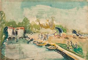 KOSSONOGI Yosef 1908-1981,Boats by the Yarkon with carriages,1947,Matsa IL 2014-05-21