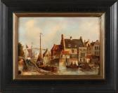 KOSTER Everhardus 1817-1892,Dutch cityscape with boats and figures,Twents Veilinghuis NL 2018-04-20