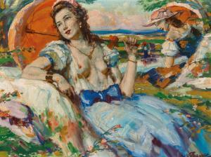 KOSVANEC Vlastimil,Recumbent Ladies with Parasol in a Park Landscape,Palais Dorotheum 2022-12-12