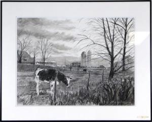 Kramer Norman,cow with barn and silo in distance,20th,Winter Associates US 2018-07-23