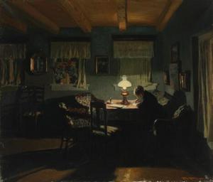 KRAUL Fritz 1862-1935,Interior with a woman sitting by the light,1921,Bruun Rasmussen DK 2021-03-22