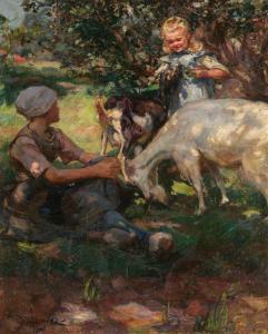 KRAUSZ Wilhelm Victor 1878-1959,Woman and child feeding goats,1900,im Kinsky Auktionshaus 2021-12-14