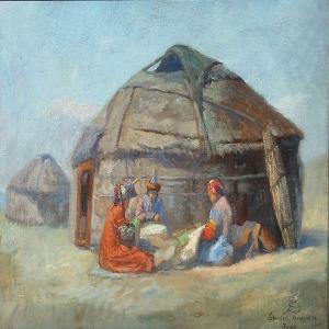 KREBS Carl 1889-1971,View from Mongolia with people at a tent,Bruun Rasmussen DK 2011-10-31