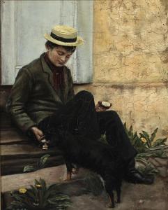 KREBS Johanne 1848-1924,A young boy sharing his food with a dog,Bruun Rasmussen DK 2023-09-11