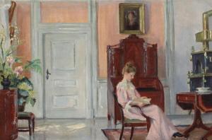 KREBS Johanne 1848-1924,Interior of a living room with a woman reading,Bruun Rasmussen DK 2023-04-10