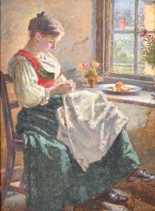 KRICHELDORF Carl,a young female in traditional dress sat sewing by ,John Nicholson 2024-01-24