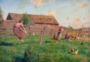 KROUTHEN Johan,Gungbrädan - lekande barn och höns en sommardag,1900,Uppsala Auction 2022-06-15