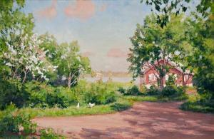 KROUTHEN Johan,Pickande höns vid blommande fruktträd och röd stug,Uppsala Auction 2022-06-15