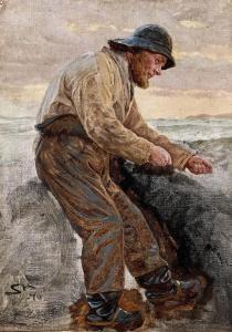 KROYER Peder Severin 1851-1909,En Hornbækfisker. Hel Figur staaende i en Baad ,1876,Bruun Rasmussen 2024-03-04