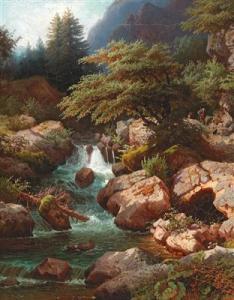 KRUGER EUGENE 1832-1876,Mountain Stream with Hunter and Dachshund,Palais Dorotheum AT 2018-09-18