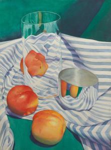 KRUPINSKI Chris,Still life with glasses and peaches on striped tab,1993,Aspire Auction 2016-09-10