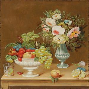 KRUSE Thorvald 1800-1800,Still life with flowers and fruit on a table,Bruun Rasmussen DK 2013-02-11