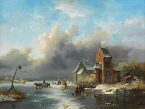 KRUSEMAN Frederik Marianus,Winter landscape with figures on a frozen river,Bonhams 2024-03-20