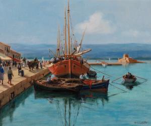 KRYSTALLIS Andreas 1911-1951,Griechische Hafenszene mit Booten,Auktionshaus Dr. Fischer 2021-12-11