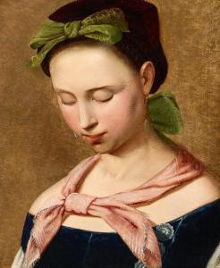 KUCHLER Albert,Portrait of a young woman with a green bow in her ,1838,Bruun Rasmussen 2024-04-08