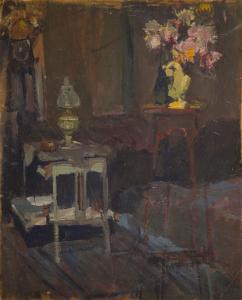 Kuczborski Stanisław 1881-1911,Wnętrze salonu z lampą naftową,Desa Unicum PL 2020-11-05