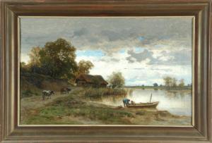 KUHLING Wilhelm,Ruderboot mit Personen am Seeufer und Kühen am Ufe,1881,Allgauer 2018-01-11