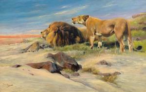 KUHNERT Wilhelm 1865-1926,Pair of lions in the steppe,1905,Galerie Koller CH 2016-03-22