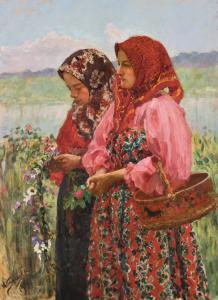 KULIKOV Ivan Semionovich 1875-1941,TWO GIRLS GATHERING FLOWERS,1914,Sotheby's GB 2019-11-26