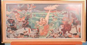 KUNIHISA Utagawa 1832-1891,Miura Yoshiaki and Kazusa Hirotsune killing the Ni,Cheffins GB 2017-11-16