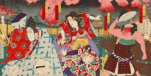 KUNIMASA IV Utagawa 1848-1920,acteurs sous les pruniers en fleurs,Ader FR 2012-03-02