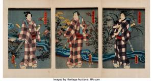 KUNISADA III HOSAI 1848-1920,Triptych of Three Lords by a Flowing River,Heritage US 2024-04-11