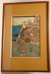 KUNISADA UTAGAWA 1786-1865,A woman standing beside cart wheels,Eldred's US 2009-04-21