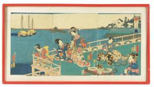KUNISADA UTAGAWA 1786-1865,courtesans at a picnic fishing from a pier.,James D. Julia US 2019-06-19