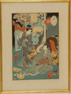 KUNISADA UTAGAWA 1786-1865,Scene of a woman pouring sake for a seated gentlem,Eldred's US 2009-04-21