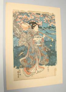 KUNISADA UTAGAWA 1786-1865,woman in a cherry tree landscape carrying a biwa o,Eldred's US 2012-04-16