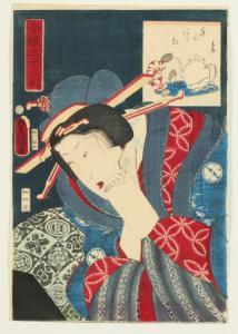 KUNISADA 1797-1858,WOMAN HOLDING A ROLLED PAPER,Sloans & Kenyon US 2015-12-15
