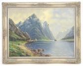 KUNZEL E 1900,A mountainous lake view with a house and boats,Claydon Auctioneers UK 2020-05-28