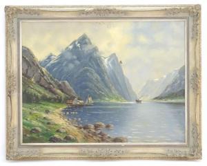 KUNZEL E 1900,A mountainous lake view with a house and boats,Claydon Auctioneers UK 2020-05-28