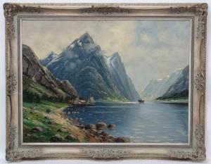 KUNZEL E 1900,House at the edge of a Fjord with steam boat and a sail boat,Dickins GB 2019-04-05