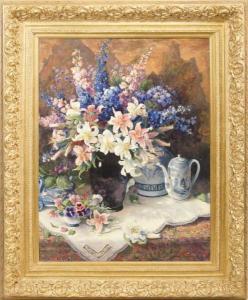 KURZ Glenna 1934-2014,Blue & White China w/ Lilly's & Delphinium,California Auctioneers 2017-01-29